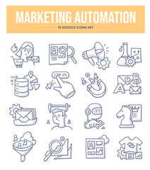 Marketing automation. Set of doodle icons of automating repetitive tasks in marketing such as email or ad campaigns, social media posting and other interactions with customers