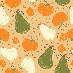 Fall seamless pattern with orange, yellow and green pumpkins on pastel background, Pumpkin patch background. Vector illustration