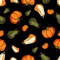Fall seamless pattern with orange, yellow and green pumpkins on black background, Pumpkin patch background. Vector illustration