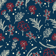 Winter seamless pattern with fir cone, holly leaves and berries for greeting cards, wrapping papers. Seamless winter pattern. Vector illustration.