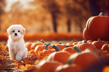 White Puppy in Pumpkin Patch Halloween Fall Autumn