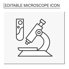  Researching line icon. Analyzing material in a test tube by microscope. Viruses. DNA. Science concept. Isolated vector illustration. Editable stroke
