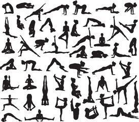 A set of detailed yoga poses and postures silhouettes