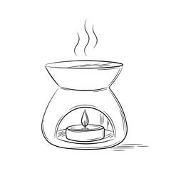 A hand-drawn candle in a diffuser for home fragrance. Doodle sketch style. Line drawing of a simple diffuser for essential oil. Isolated vector illustration in line style