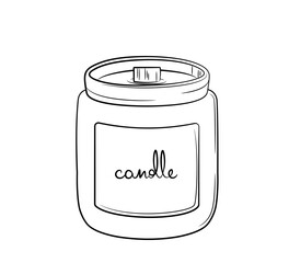 Hand-drawn wax candle in glass holder with wooden wick. Sketch in doodle style. Isolated vector illustration with strokes.