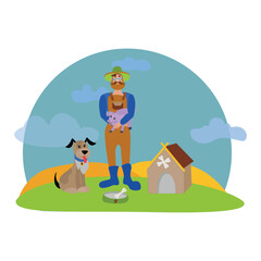 Naklejka premium Farmer with a dog and a pig on a rural background. Vector illustration.