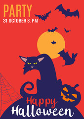 Halloween illustration with black cat on moon red scary background. Halloween party invitation with scary bat and pumpkin. Happy Halloween holiday. Poster and web banner. Vector illustration