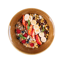 Portion of granola with berries and banana