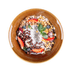 Portion of granola with berries and yoghurt