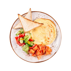 Portion of breakfast with omelette and salmon