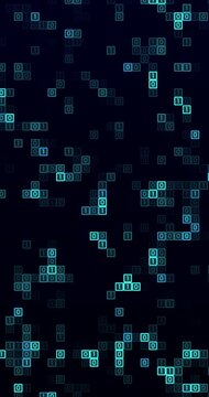 Blue digital squares that have letter of zero and one are moving randomly. Seamless Loop. Vertical video.