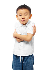 Kid cross arms with funny annoyed face, wearing white shirt