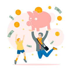 Large piggy bank with family collecting golden coins. Flat cartoon illustration