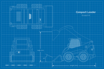 Outline compact loader. Contour side, front amd top view. Drawing of mini bulldozer. Industrial blueprint of loading machine