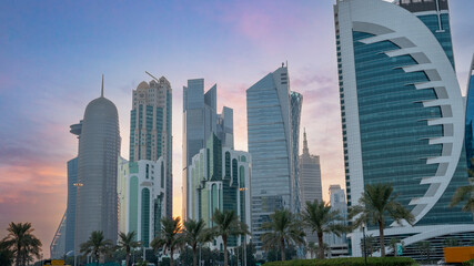 The skyline of Doha city center during evening.