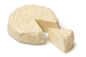 Piece of traditional Croatian homemade white cheese of cooked milk, Kuhani sirevi isolated on white background