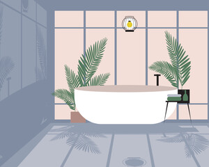 Bathroom interior with plants in evening, flat vector illustration with window and shade, no people