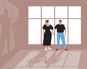 Fototapeta na wymiar Couple together in evening, flat vector stock illustration with room with window and shade