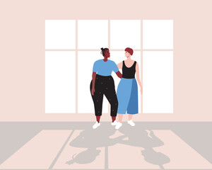 Fototapeta na wymiar LGBTQ family inside together, flat vector stock illustration with room with window and shadow, couple of women