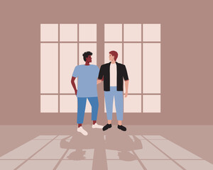 Fototapeta na wymiar LGBTQ gay couple together inside, flat vector stock illustration with room with window and shadow