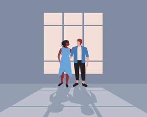 Fototapeta na wymiar Multicultural couple together in evening, flat vector stock illustration with room with window and shadow for Valentine's Day