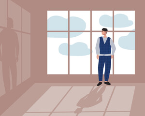 Fototapeta na wymiar Person with mental problems and cloudy weather, flat vector stock illustration with room with window and shadow, concept of sadness