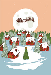 Christmas town with red houses and pine trees and decorated christmas tree in the center and Santa Claus sleigh flying over the moon.