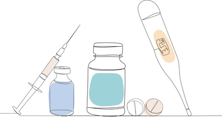 pills, thermometer, syringe one continuous line drawing