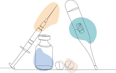 pills, thermometer, syringe one continuous line drawing, vector