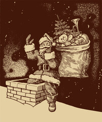 Santa Claus with a sack full of presents on a snowy roof climbing into the chimney.