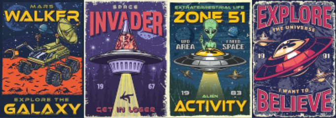 Space UFO set flyers colorful - obrazy, fototapety, plakaty
