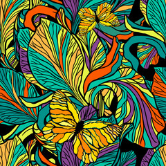 Fototapeta premium Seamless pattern multicolored irises with butterflies. Vector illustration
