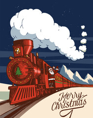 Santa Claus riding vintage red steam train and waving hand in front of snowy mountains. Merry Christmas vintage card.