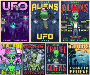 Aliens set posters colorful vintage