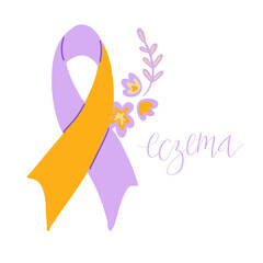 Eczema National Awareness Month October handwritten lettering and purple and orange support ribbon. Web banner vector template