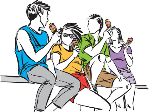 friends together having fun eating ice cream friendship concept vector illustration