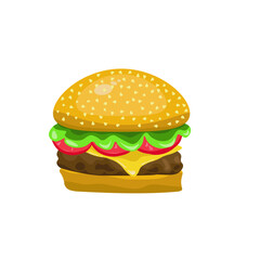 Standart burger with salad, tomatoes, cheese, meat and sesame on white background. Vector illustration
