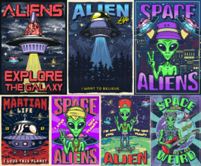 Aliens UFO set posters colorful