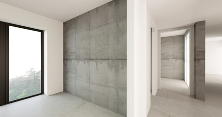 Fototapeta na wymiar Puste niewykończone mieszkanie, betonowe podłogi i ściany. Aranżacja wnętrza. 3d render