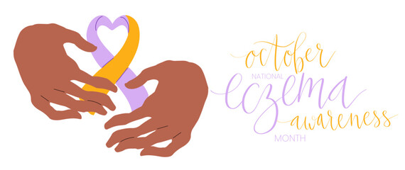Eczema National Awareness Month October handwritten lettering and purple and orange support ribbon. Web banner vector template