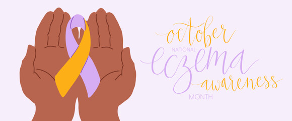 Eczema National Awareness Month October handwritten lettering and purple and orange support ribbon. Web banner vector template