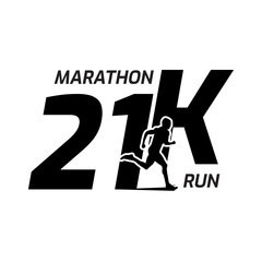 Black silhouette marathon run event logo template with running people illustration, 21K