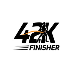 Black silhouette marathon run event finisher logo template with running people illustration, 42K marathon vector eps 10