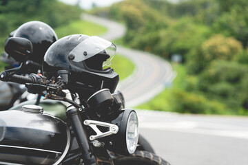 Motorcycle helmets are placed on large motorcycles. driving safety concept.
