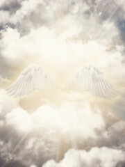 Angel wings in th heaven. Heavenly clouds and sun rays illustration.