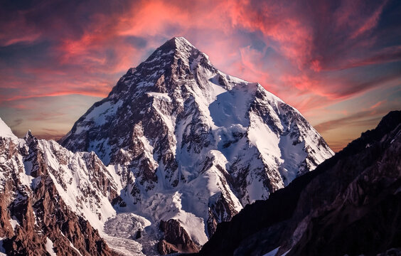 Dusk colors behind the K2 peak, the second highest mountain in the world