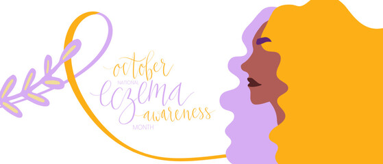 Eczema National Awareness Month October handwritten lettering and purple and orange support ribbon. Web banner vector template