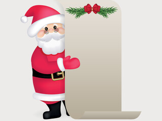 Santa Claus with an unfolded paper scroll, It is possible to place any text on a paper scroll, vector illustration