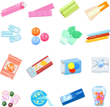 Gum Icons Set Cartoon Vector. Chewing Bubble. Chicle Chew-gum