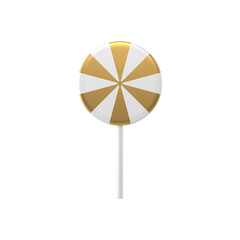 Round gold tilted lollipop. Striped caramel on stick with white sugar layers